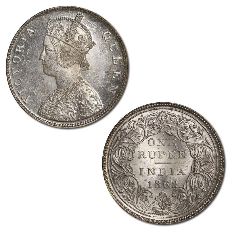 British India 1862 Silver Rupee Lustrous UNC